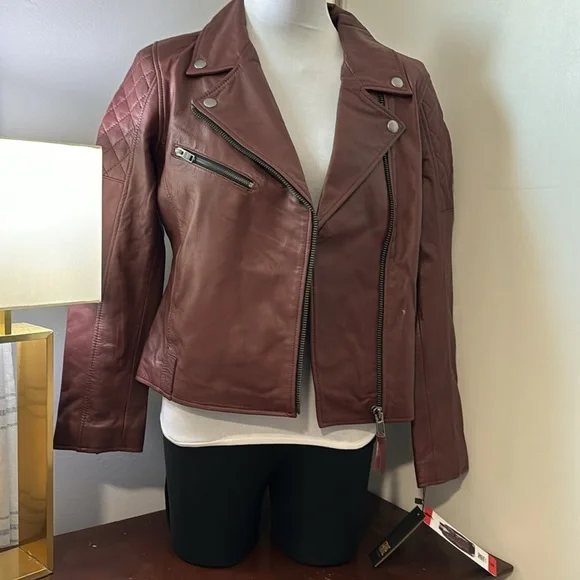 NWT Frye Womens Leather Biker Jacket dark red - Picture 8 of 13